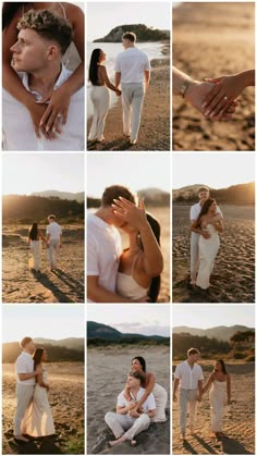 a collage of people on the beach with their hands in each other's pockets