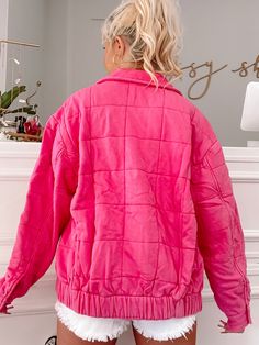 The Landry Quilted Jacket from Sassy Shortcake is a hot pink button up jacket. She features flap pockets with buttons. Model wearing a size small. Lined. content: 85% cotton 15% polyester Oversized Pink Outerwear With Button Closure, Pink Outerwear With Buttoned Pockets For Spring, Winter Pink Outerwear With Snap Buttons, Pink Winter Outerwear With Snap Buttons, Oversized Pink Cotton Outerwear, Pink Outerwear With Button Closure For Fall, Pink Outerwear With Buttoned Pockets For Fall, Pink Fall Outerwear With Buttoned Pockets, Pink Cotton Outerwear With Snap Buttons