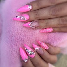 #pink #pinknails #nail #nails #swarovski Pink Swarovski Nails, Barbie Pink Nails With Rhinestones, Neon Pink Nails With Rhinestones, Hot Pink Bling Nails, Pink Rhinestone Nails, Hot Pink Jeweled Nails, Pink Nails With Swarovski Crystals, Pink Glitter Stiletto Nails