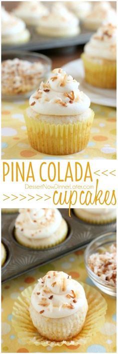 pina colada cupcakes with white frosting and sprinkles