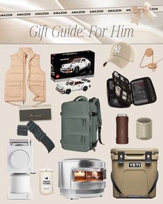 the ultimate gift guide for him is on display in front of a white background with various items