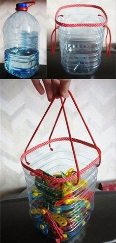 this is a collage of photos showing how to make a plastic water bottle basket