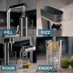 four different views of the faucet and water dispenser