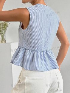 SHEIN Comfortcana Women's Striped Printed Sleeveless Simple Daily Shirt | SHEIN UK Online Womens Clothing, Fashion Online Shop, Online Fashion, All Fashion, Blouse Designs, Women Clothing, Men's Clothing, Colorful Shirts, Latest Trends