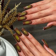 ଳ ‧₊˚ please message for photo credit or removal ! ꩜ ₊˚.༄ Earth Nails Acrylic, Earth Themed Nails, Brown And Pink Aura Nails, Airbrush Fall Nails, Brown Earthy Nails, Hippie Acrylic Nail Designs, Green And Brown Acrylic Nails, Dark Green And Brown Nails