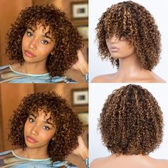 PRICES MAY VARY. ❤【Cruly Wigs with Bangs Quality】100% Real human hair short curly wigs,best quality virgin hair,can be straightened,curled, and re-styled,silky and super soft touch,full of bounce.tangle free,last long time.just looks like and grew out from your scalp ❤【Curly Wig Cap Size】medium cap size (21.25"-22.5"),with Adjustment Straps,which can be adjusted tightness to fit all different size head.can fix the wig, making it more comfortable to wear ❤【Short Curly Wigs Feature】None Lace Front Face Framing Curly Bangs, Short Curly Wigs With Bangs, How To Style Short Curly Wig, Curly Human Hair Wigs With Bangs, Short Bob Curly Honey Blonde Human Hair Wigs, 60s Curly Hair Wigs, Curly Sew In, Side Part Hairstyles, Long Lasting Curls