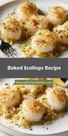 baked scallops recipe on a white plate with a fork and lemon wedges