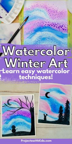 watercolor winter art with text overlay that reads learn easy watercolor techniques