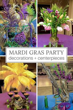 mardi gras party decorations and centerpieces are featured in this collage