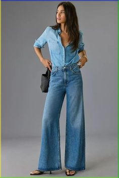 Denim Jeans Outfit Women, Wide Leg Outfit, Jeans For Tall Women, Palazzo Jeans, Denim Jeans Outfit, Wide Legged Jeans, Looks Jeans, Woman Pants