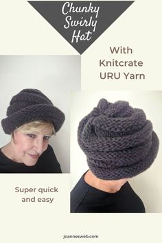 the chunky slouchy hat with knitted yarn is shown in two different pictures