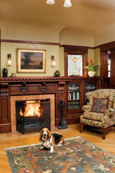 a dog sitting in front of a fire place with a rug on the floor next to it