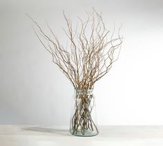 a glass vase filled with branches on top of a table