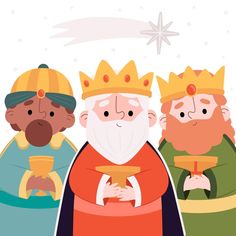 three wise men with crowns on their heads, one holding a chalice and the other wearing