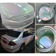 three pictures show the process of painting a car with holographic paint and wax