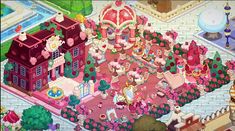 an aerial view of a city with lots of pink flowers and trees on the ground