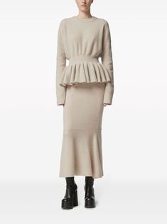 Find ALTUZARRA Vido Peplum-waist Jumper on Editorialist. light beige wool-cashmere blend knitted construction crew neck long sleeves peplum waist flared hem Fitted Long Sleeve Neutral Sweater, Elegant Long Sleeve Neutral Sweater, Elegant Fitted Beige Sweater, Fitted Neutral Sweater For Work, Elegant Fitted Neutral Sweater, Fitted Beige Wool Sweater, Fw23 Runway, Maxi Styles, Peplum Hem