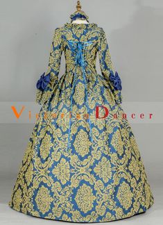 Renaissance Colonial Blue Floral Victorian Era Period Dress   Condition: Brand New  Color: amp;nbsp; Antique Blue Floral Patterns amp;nbsp;  Material: This Renaissance Victorian Era Dress is made of amp;nbsp; High Quality Brocade, soft and comfortable to wear  Sleeve Length: Full Sleeve  Dresses Length:Floor-Length  Neckline: amp;nbsp; Square Collar  Decoration: Ruffles + Lace + Bow  Style: This dress is perfect for civil war,victorian,medieval,regency,renaissance, wedding, cosplay, themed party Victorian Brocade Dress With Historical Design, Historical Baroque Style Dress, Baroque Victorian Dress For Costume And Medieval Festivals, Baroque Victorian Dress For Costume Parties And Medieval Festivals, Historical Style Dresses For Fancy Dress, Vintage Dresses For Medieval Festivals, Victorian Dress Costume For Medieval Festivals, Historical Baroque Wedding Dress, Vintage Dresses For Medieval Festivals With Historical Design