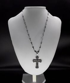 Silver Spiritual Necklace With Chain, Nickel-free Silver Stainless Steel Necklace, White Gold Necklace With Cross Pendant, Silver Stainless Steel Jewelry With Cross Pendant, Spiritual Silver Stainless Steel Necklace, Silver Spiritual Clavicle Chain Necklace, Antique Silver Chain Necklace For Gift, Silver Stainless Steel Chain Necklace, Stainless Steel Chain Necklace With Cross Pendant