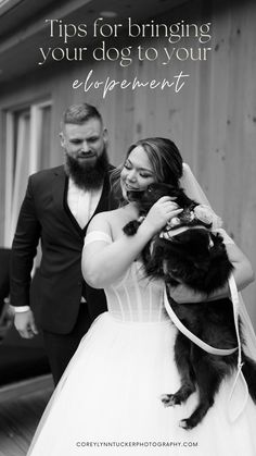 a bride and groom walking their dog down the aisle with an inspirational quote above them that reads tips for bringing your dog to your development