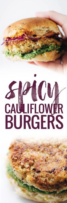 the cover of spicy cauliflower burgers is shown in two different images, one with