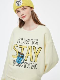 Details: Long sleeve cotton fleece crewneck sweatshirt in butter yellow 'Always Stay Positive' embroidery on front Dropped shoulder High-low hem with slit cut in back Materials & Care: 84.1% Cotton, 15.9% Polyester Hand wash | Dry clean Do not bleach Size & Fit: Model is 5'7", Bust 32, Waist 24, Hips 35, wearing a size S Item #: LL4SW11 Positive Embroidery, Butter Yellow, Stay Positive, Staying Positive, Cotton Fleece, High Low Hem, Sleeve Cotton, High & Low, Crewneck Sweatshirt