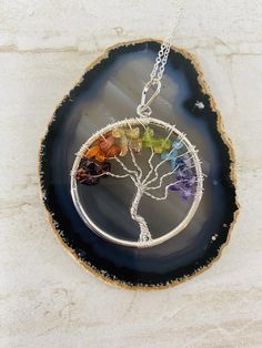 Tree of life Chakra necklace silver plated with stainless steel chain Multicolor Nickel Free Necklace For Healing, Nickel Free Stainless Steel Pendant Necklace, Nickel Free Silver Necklace For Gift, Sterling Silver Wire Wrapped Necklace, Multicolor Necklaces With Silver Chain For Gifts, Silver Wire Wrapped Necklace As Gift, Multicolor Necklaces With Silver Chain As Gift, Silver Round Pendant Necklace, Silver Crystal Pendant Necklace For Gift