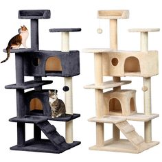 a cat sitting on top of a cat tree next to a scratching tower with two cats