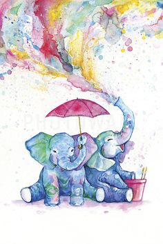 two elephants are sitting under an umbrella