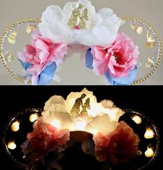 two pictures one with flowers and the other with lights in it's headbands