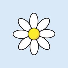 a white flower with a yellow center on a blue background is shown in the shape of a daisy