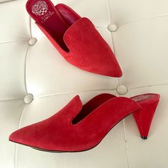 Super Cute And Feminine Suede Mules In Deep Red Brand New! Elegant Red Closed Toe Mules, Elegant Red Mules With Sculpted Heel, Red Slip-on Mules For Summer, Red Leather Mules With Red Sole, Red Leather Slip-on Mules, Red Mules, Suede Mules, Vince Camuto Shoes, Vince Camuto