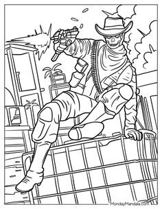 a coloring page with a cowboy on the ground