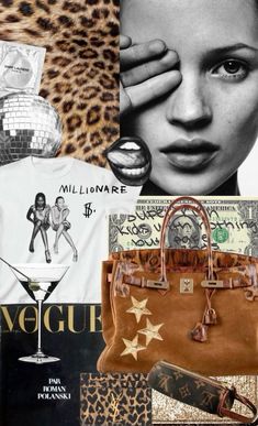 a collage with different items including a handbag, money and leopard print scarf