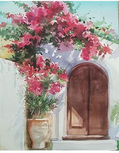 watercolor painting of pink flowers in front of an open door and potted plant