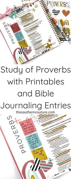 a book with the title study of provers with printables and bible journaling entries