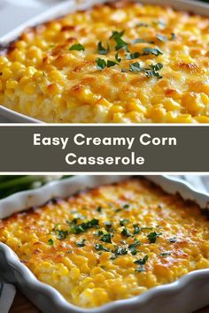 an easy creamy corn casserole recipe in a white dish