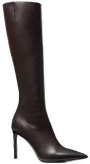 Brown Leather Knee-high Boots For Evening, Leather Knee-high Boots For Office, Brown Knee-high Evening Boots, Calf Leather Knee-high Boots, Formal Leather Knee-length Boots, Elegant Knee-high Calf Leather Platform Boots, Business Knee-high Calf Leather Boots, Business Knee-high Wide Calf Boots In Calf Leather, Sleek Knee-high Calf Leather Boots