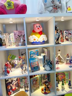 the shelves are filled with toys and books