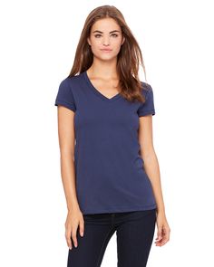 Ladies' Jersey Short-Sleeve V-Neck T-Shirt - NAVY - L | Bella + Canvas Women's Jersey Short-Sleeve V-Neck T-Shirt in Navy Blue Size Large | Ringspun Cotton Youth Clothing, Womens Jersey, Clothing Logo, Made Clothing, Long Sleeve Jersey, Lady V, Tees For Women, Wholesale Clothing, V Neck Tee