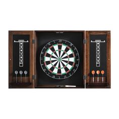 a wooden cabinet with darts in it