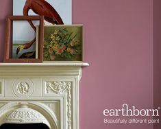 two framed pictures on top of a fireplace mantel in front of a pink wall