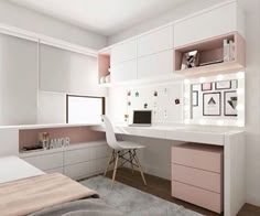 a white and pink bedroom with a desk