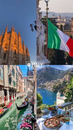 the collage shows different views of italy and its surrounding region, including an italian flag