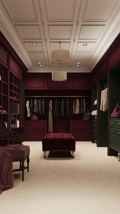 a large walk - in closet with red walls and carpeted flooring is shown