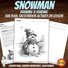 the snowman drawing and shading activity book is shown with instructions for children to learn how