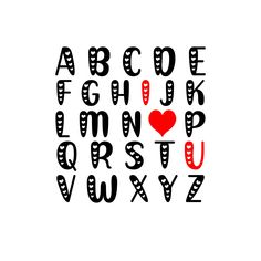 the letters are black and red with a heart on it's uppercases