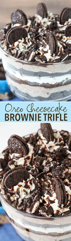 oreo cheesecake brownie trifle in a glass dish on a blue table