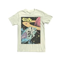 a white t - shirt with an image of a space ship and planets in the background