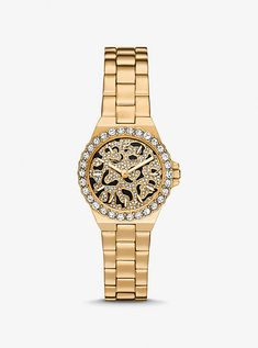 Oversized Lennox Animal Pavé Gold-Tone Watch | Michael Kors Mk Watch, Diamond Top, Top Rings, Three Hands, Michael Kors Collection, Stainless Steel Watch, Luxury Watch, Michael Kors Watch, Stainless Steel Bracelet